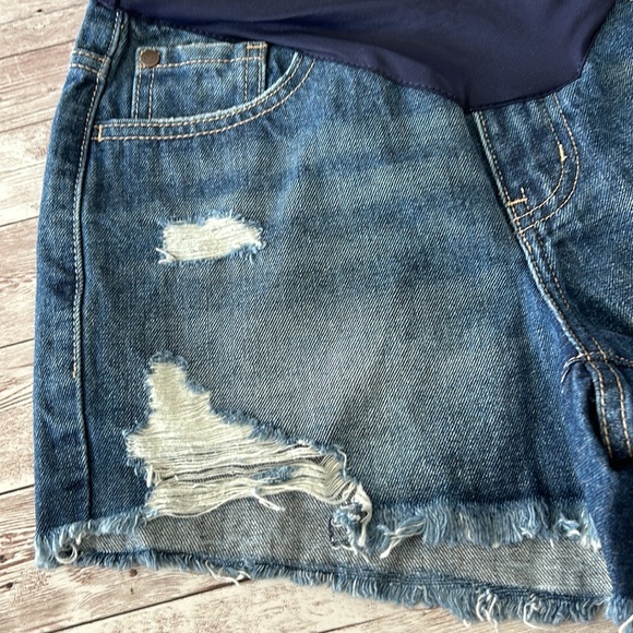 Pinkblush Dark Wash Heavily Distressed Raw Hem Full Panel Maternity Jean Shorts - Picture 4 of 11